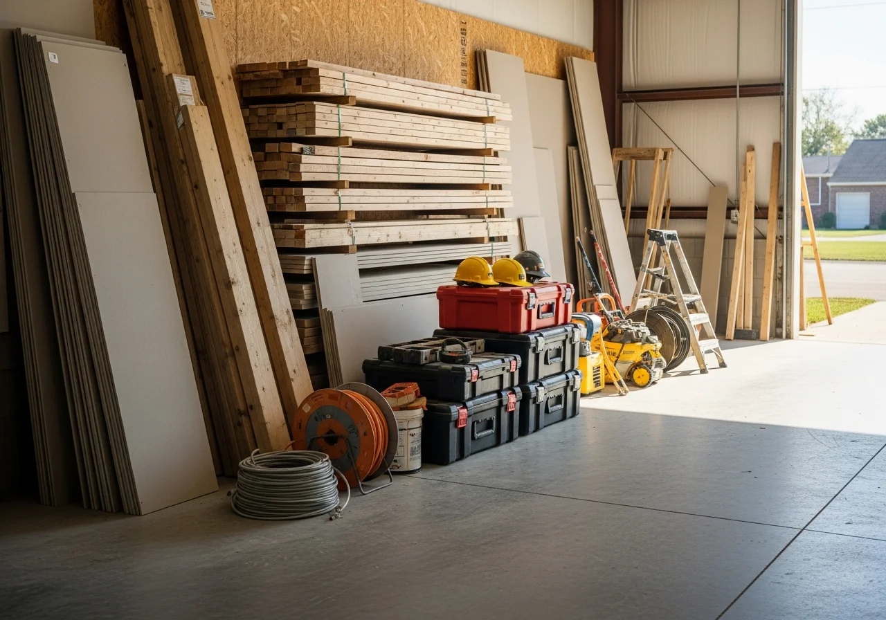 Construction crew with tools and equipment ready for a remodeling project on a residential home.