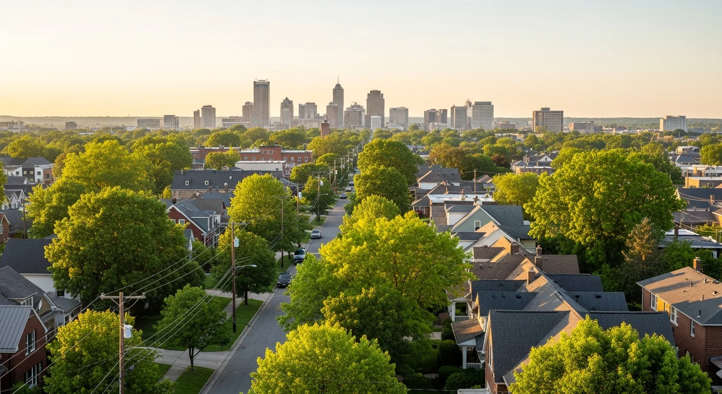 Wide view of Dayton skyline with residential neighborhoods and tree-lined streets in the foreground under clear sky.