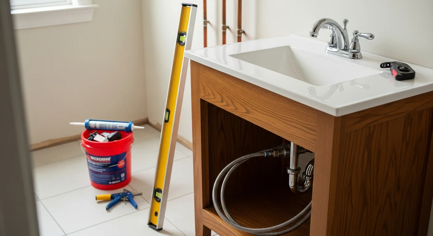 A newly installed bathroom vanity, sink, and faucet in a Miami Valley home, showing clean plumbing connections and updated fixtures against a freshly finished wall. The toilet and tub surround in the background reflect a complete bathroom fixture installation by Clear Choice Construction LLC in Dayton, Ohio.