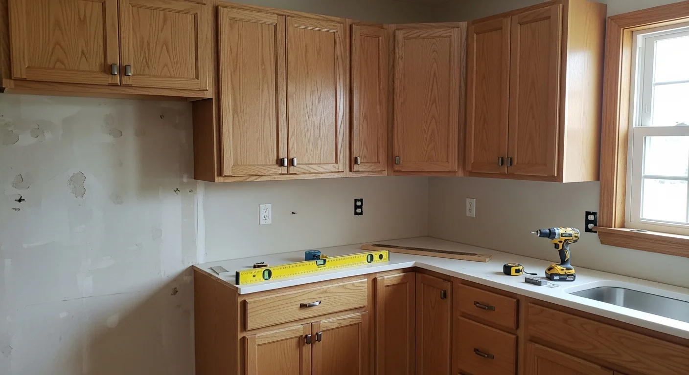 Newly installed white shaker kitchen cabinets with aligned doors and drawer pulls in a remodeled kitchen inside a Dayton, Ohio home. Base and wall cabinets are mounted flush against the walls with clean trim and hardware throughout.