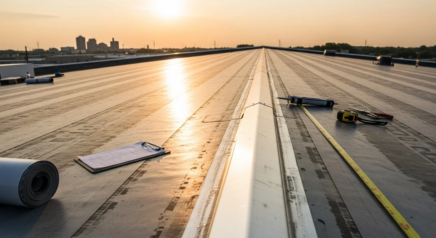 A commercial flat roof on a Dayton, Ohio warehouse showing a freshly installed membrane system with clean seams, proper drainage points, and flashing around rooftop HVAC units. Clear Choice Construction LLC crew members are visible completing final inspection work on the Miami Valley job site.