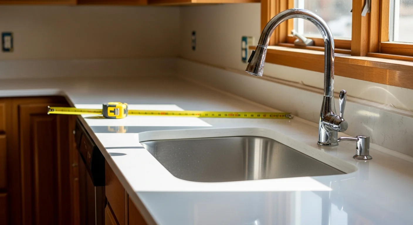 Newly installed kitchen countertop with clean seams and a finished sink cutout in a Dayton, Ohio home. The surface sits flush against painted cabinets in a residential kitchen typical of the Miami Valley area.