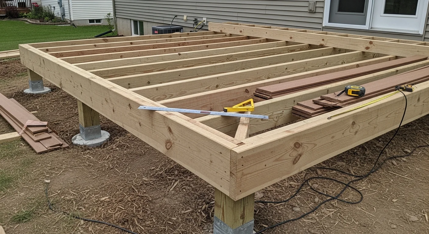 A newly constructed wood-framed deck with railing attached to the back of a residential home in the Dayton, Ohio area. The deck includes stairs leading to a grassy backyard under a partly cloudy Midwest sky.