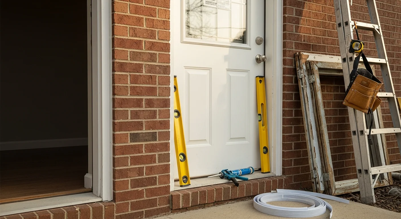 A newly installed exterior entry door on a residential home in the Miami Valley area of Dayton, Ohio, with clean trim work and tight weatherstripping visible around the frame. The door sits flush and level in a prepped opening on a single-family home exterior.