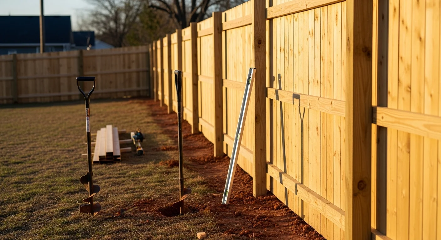 A newly installed wood privacy fence along the backyard boundary of a residential property in the Miami Valley, Dayton, Ohio. Straight fence panels and a framed gate are visible against a typical Ohio suburban yard backdrop.