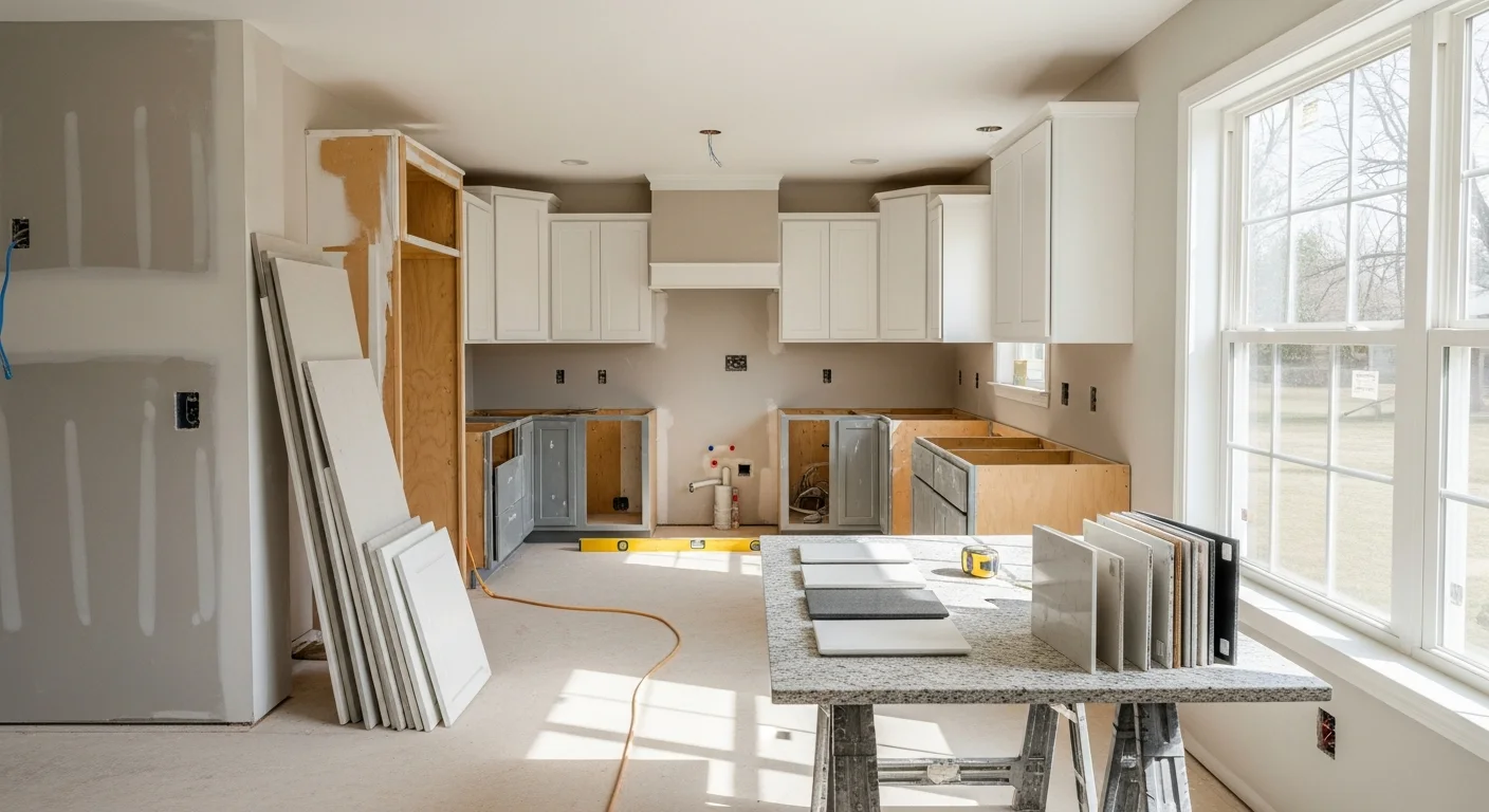 Remodeled kitchen in a Miami Valley home featuring an open layout, new cabinetry, and updated countertops completed by Clear Choice Construction LLC. The space shows reconfigured storage and modern lighting in a mid-century Dayton-area residence.