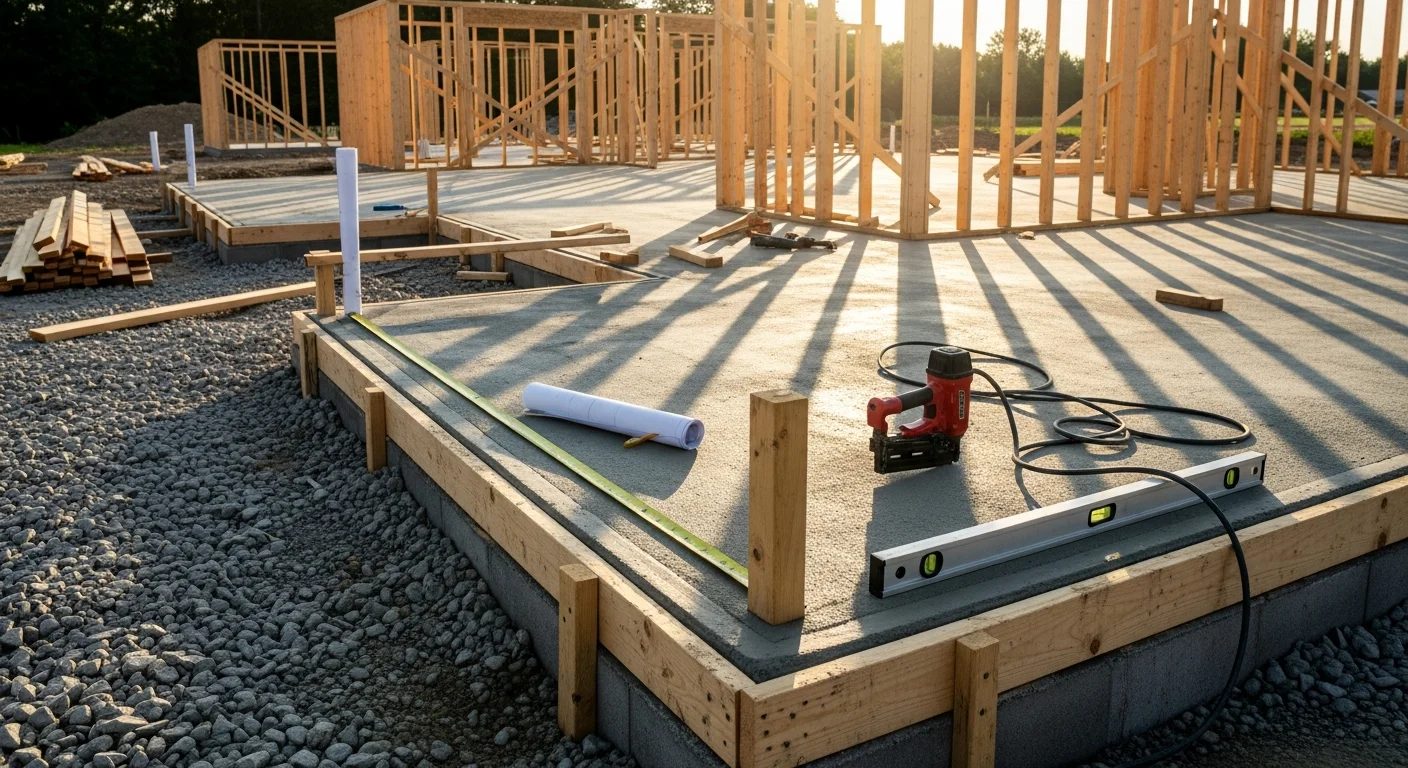 A newly framed single-family home under construction on a cleared residential lot in the Miami Valley, Ohio area. Exposed wood framing and roof trusses are visible against an overcast Ohio sky, with construction materials staged on the ground below.