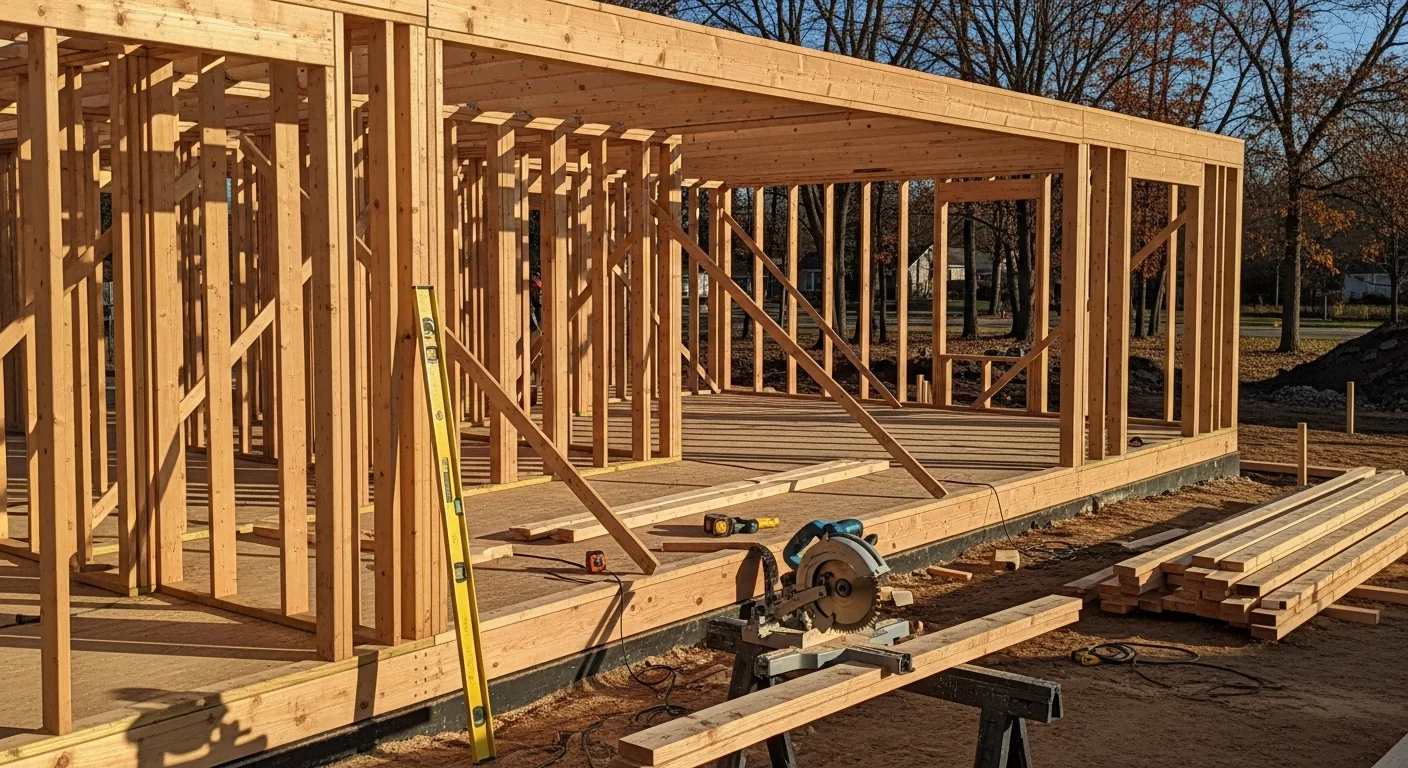 A newly framed single-family home under construction in the Miami Valley area of Dayton, Ohio, with exposed wall framing and a concrete foundation visible. A general contractor reviews structural plans on-site during the residential build.