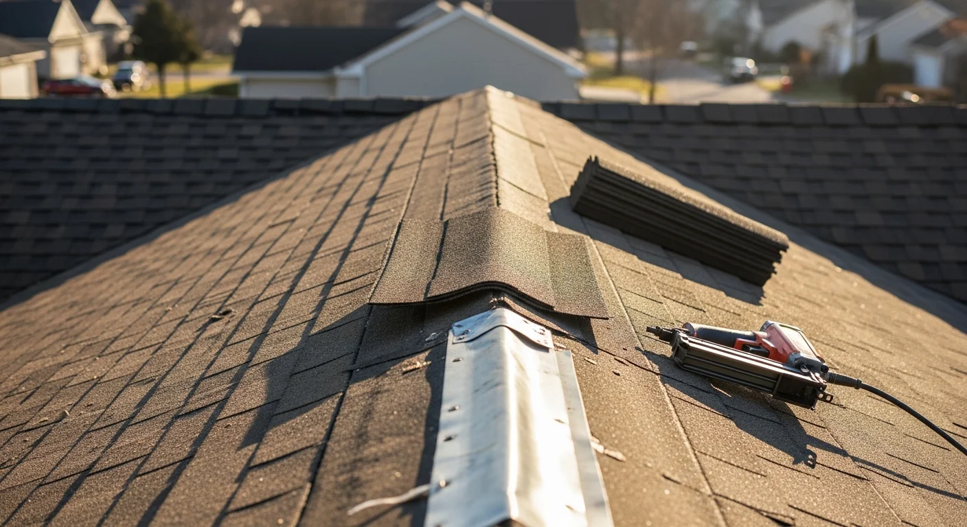 A residential home in the Miami Valley near Dayton, Ohio with a newly installed roof showing clean shingle lines and intact flashing around the chimney and ridge. The surrounding neighborhood reflects the mix of ranch-style and older brick homes common across the Dayton area.
