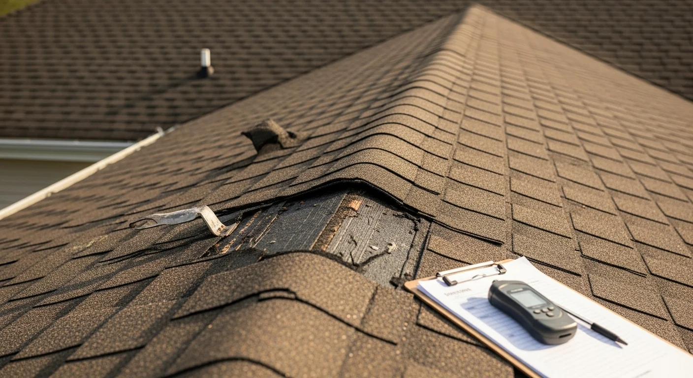 A Clear Choice Construction LLC roofing inspector examining shingles and flashing on a residential roof in the Miami Valley area of Dayton, Ohio. Close-up view shows granule condition and flashing detail on a gable-style asphalt shingle roof.