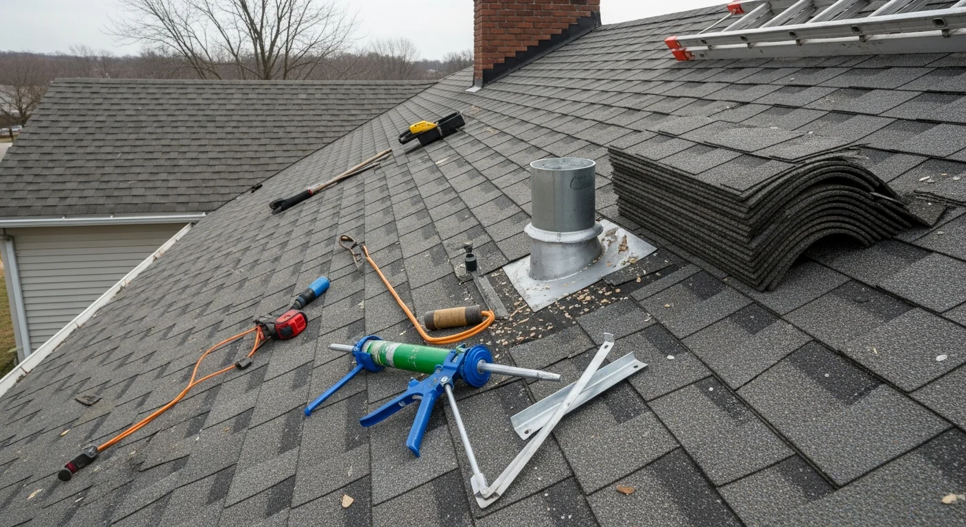 A Clear Choice Construction LLC crew member inspecting storm-damaged shingles on a residential roof in the Miami Valley, Dayton, Ohio. Close-up view shows lifted shingles and exposed flashing along the roof edge following a wind event.