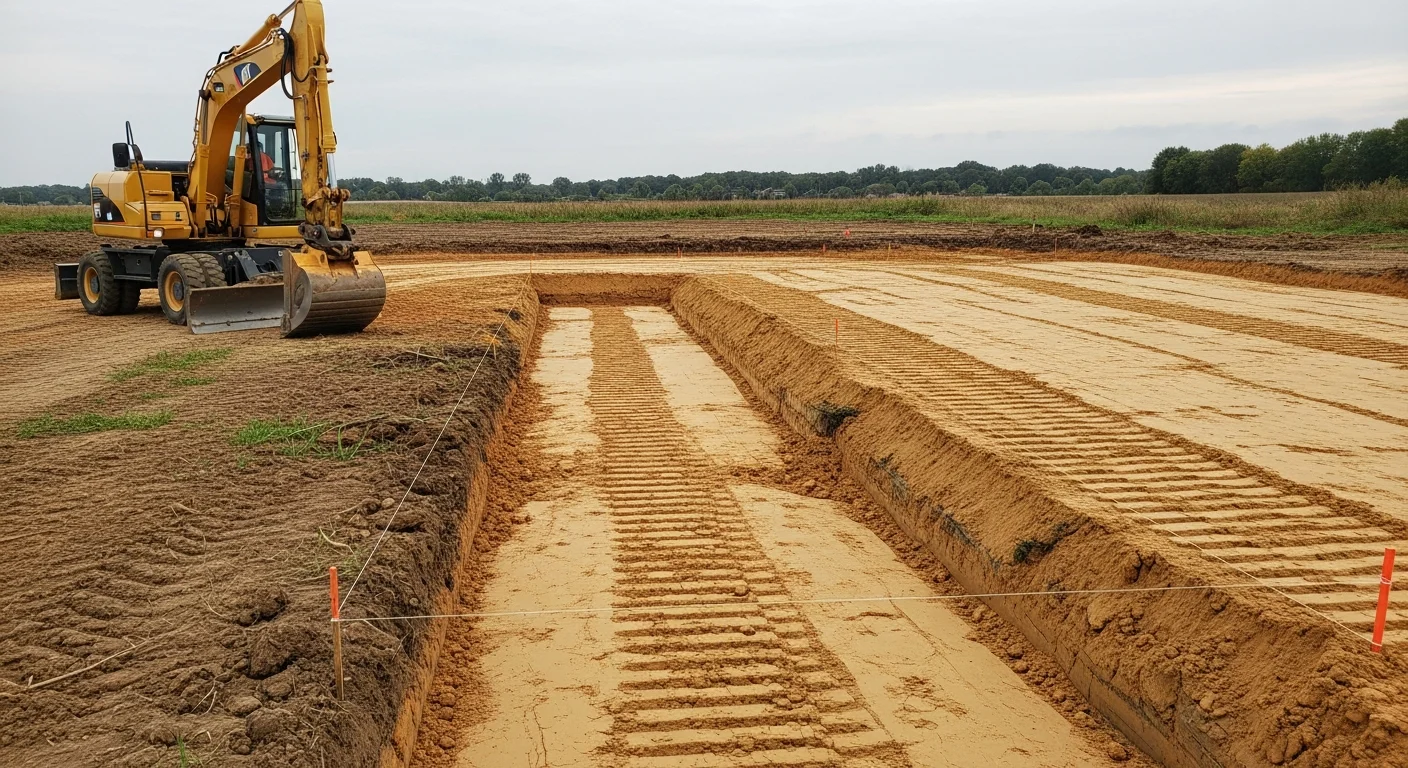 A graded and cleared construction lot in the Miami Valley with compacted soil and visible drainage slope, ready for foundation work. Heavy equipment tracks and a level grade line show active site preparation on a Dayton-area residential build.
